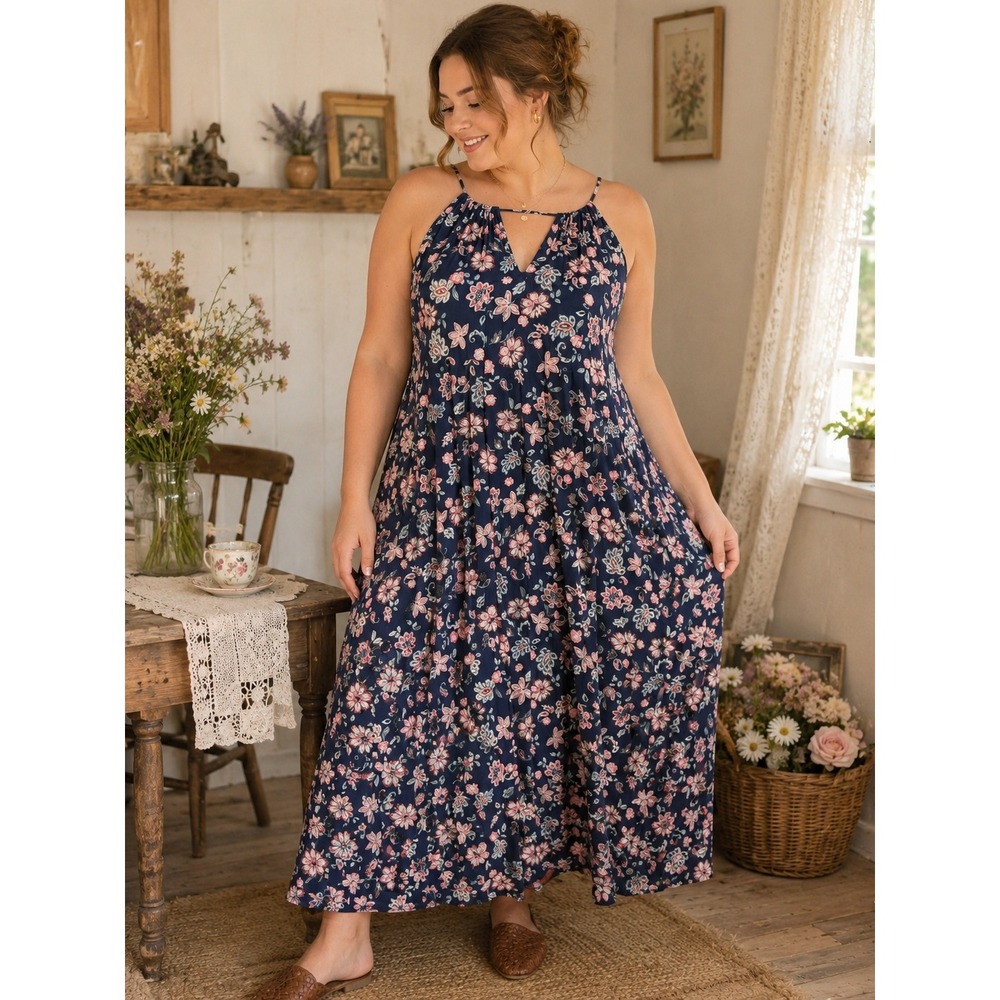 461. Boho  Cottagecore Floral Halter Maxi Dress XL Pink Paisley Rayon Sleeveless